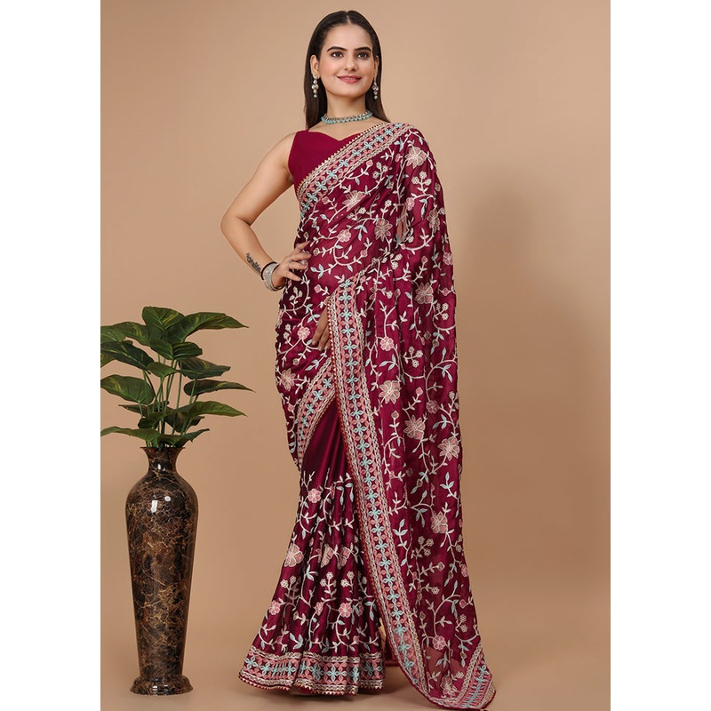 Maroon Dupion Silk Saree With Blouse Piece - JD986579833