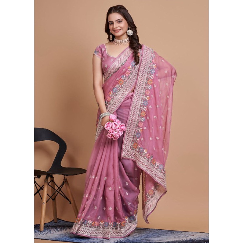 Mauve Organza Saree With Blouse Piece - JD986579832