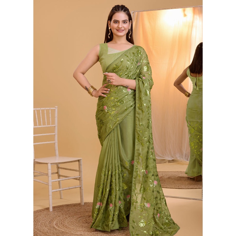 Mehendi Green Organza Saree With Blouse Piece - JD986579831
