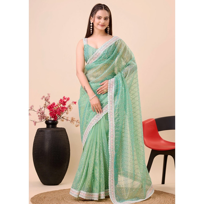 Mint Green Net Net Saree With Blouse Piece - JD986579828