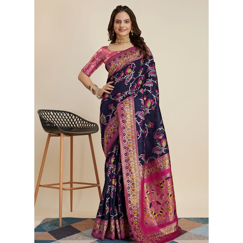 Navy Blue Dupion Silk Saree With Blouse Piece - JD986579826