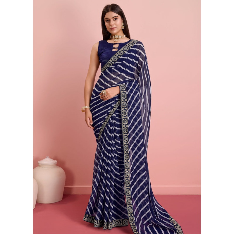 Navy Blue Georgette Saree With Blouse Piece - JD986579909