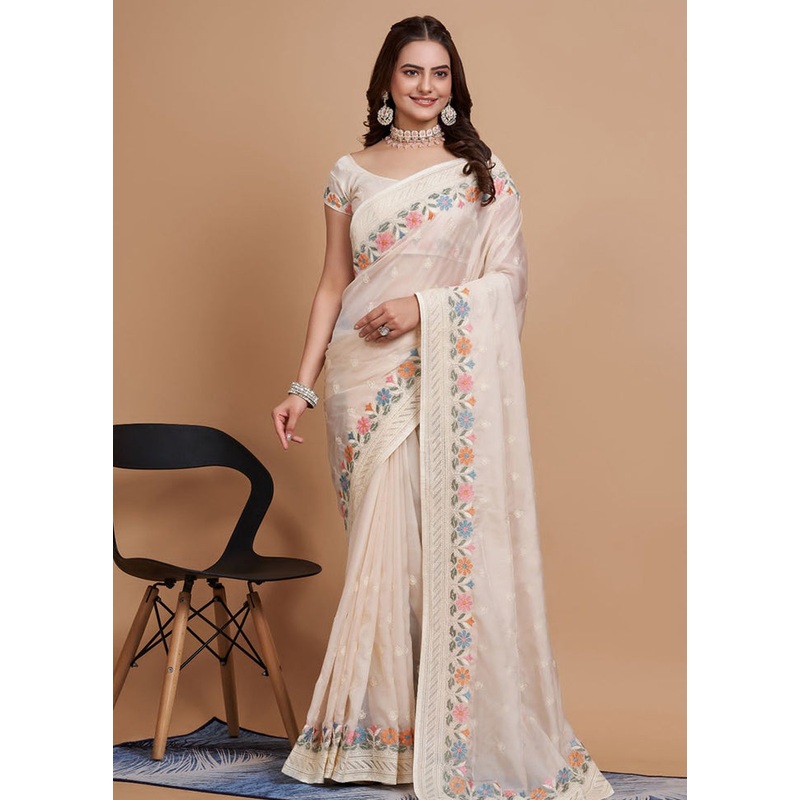 Off White Organza Saree With Blouse Piece - JD986579825