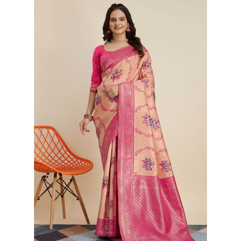 Peach Dupion Silk Saree With Blouse Piece - JD986579820
