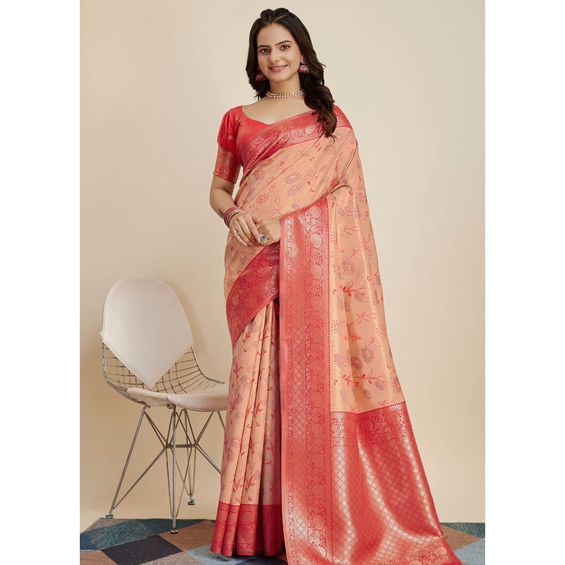 Peach Dupion Silk Saree With Blouse Piece - JD986579821