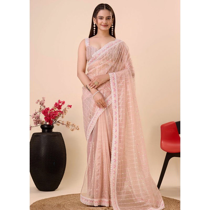 Peach Net Net Saree With Blouse Piece - JD986579818