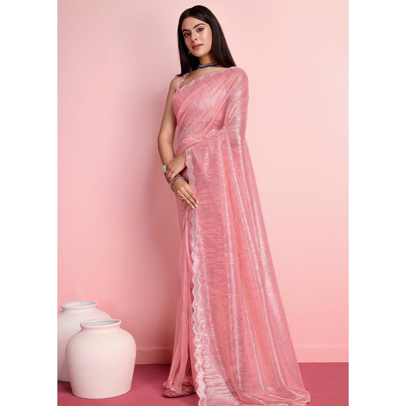 Peach Net Net Saree With Blouse Piece - JD986579904