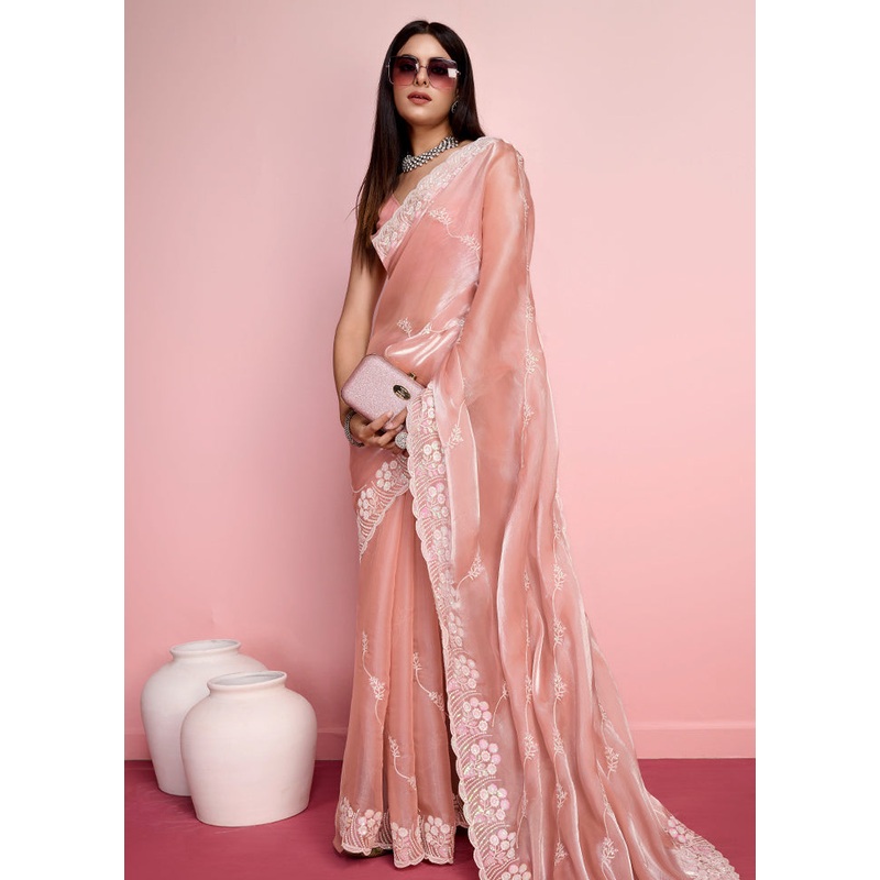 Peach Organza Saree With Blouse Piece - JD986579901