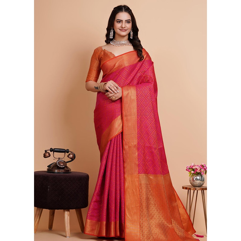 Pink Dupion Silk Saree With Blouse Piece - JD986579812