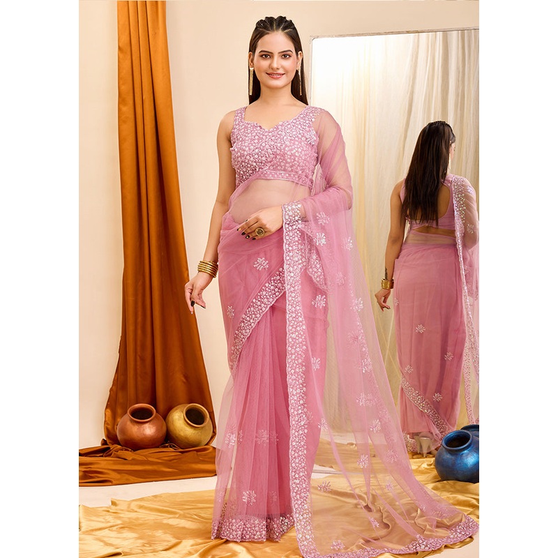 Pink Net Net Saree With Blouse Piece - JD986579804