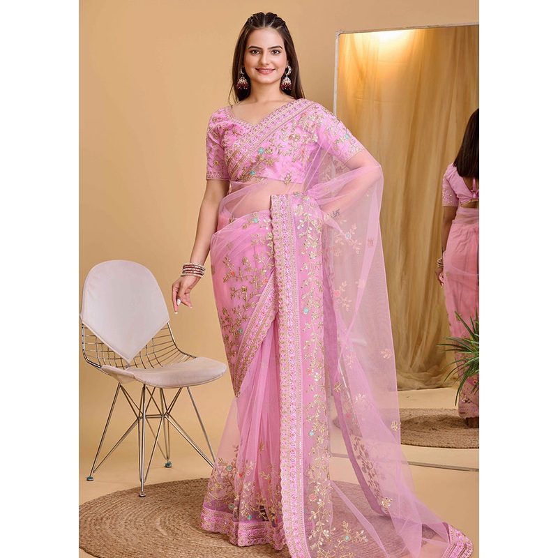 Pink Net Net Saree With Blouse Piece - JD986579805