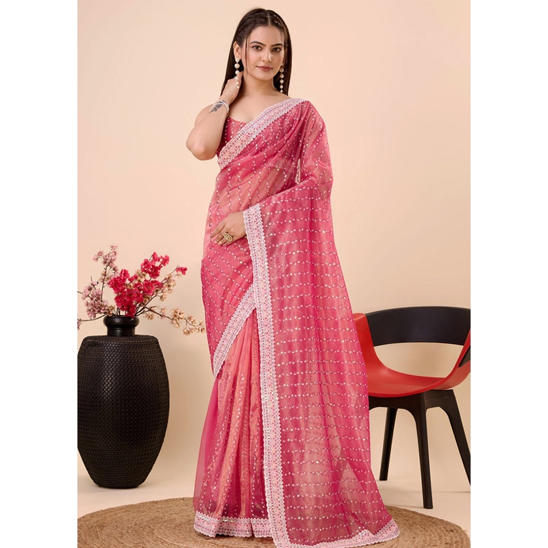 Pink Net Net Saree With Blouse Piece - JD986579806