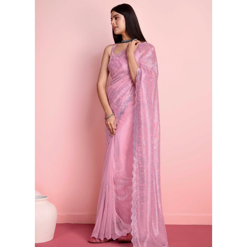 Pink Net Net Saree With Blouse Piece - JD986579899