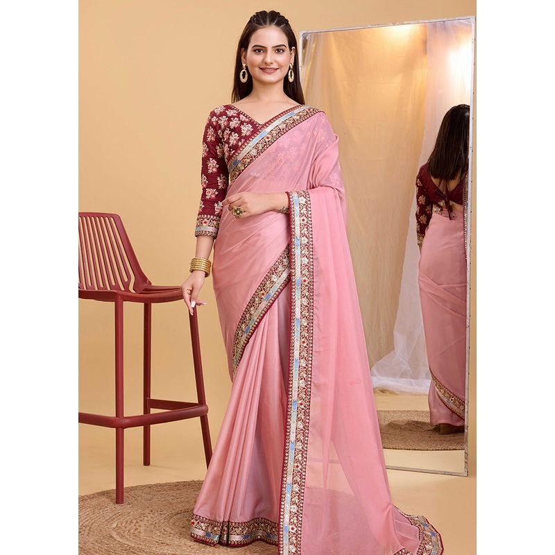 Pink Organza Saree With Blouse Piece - JD986579800