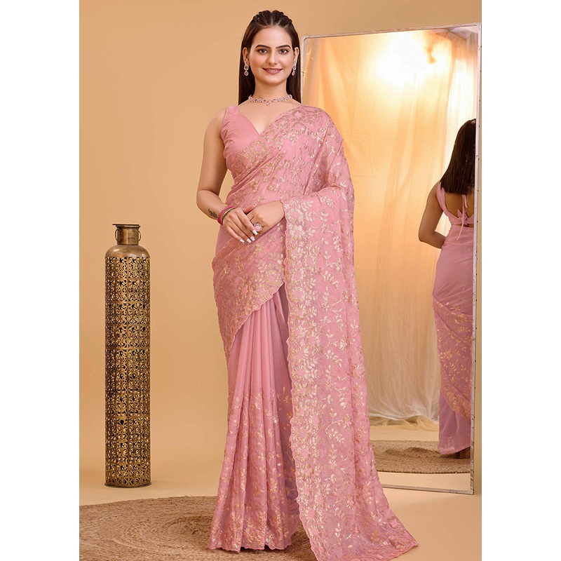 Pink Organza Saree With Blouse Piece - JD986579801