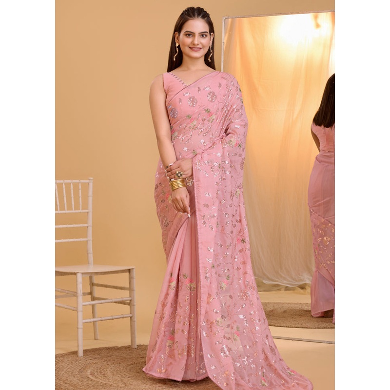 Pink Organza Saree With Blouse Piece - JD986579802