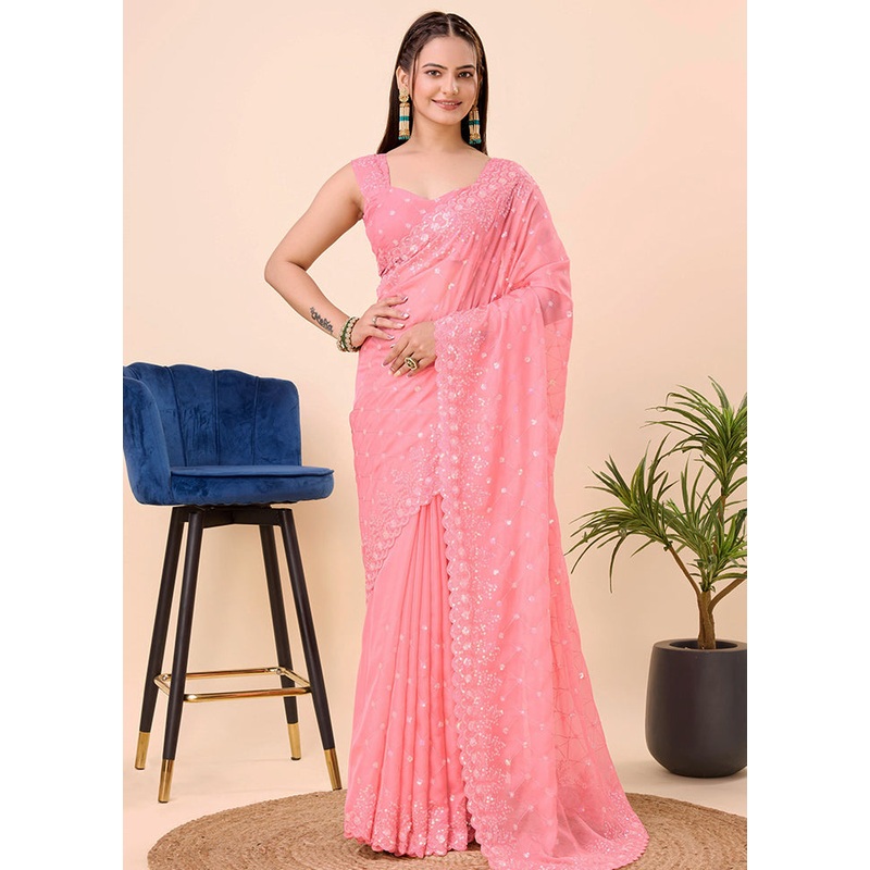 Pink Organza Saree With Blouse Piece - JD986579803