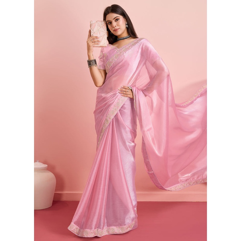 Pink Organza Saree With Blouse Piece - JD986579898