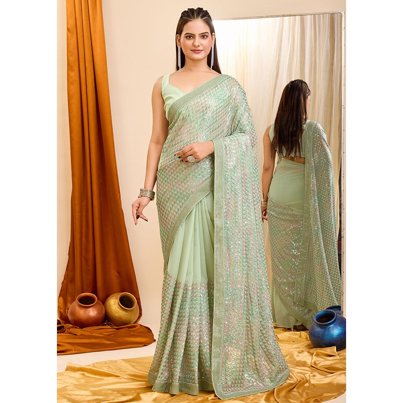 Pista Green Georgette Saree With Blouse Piece - JD986579794