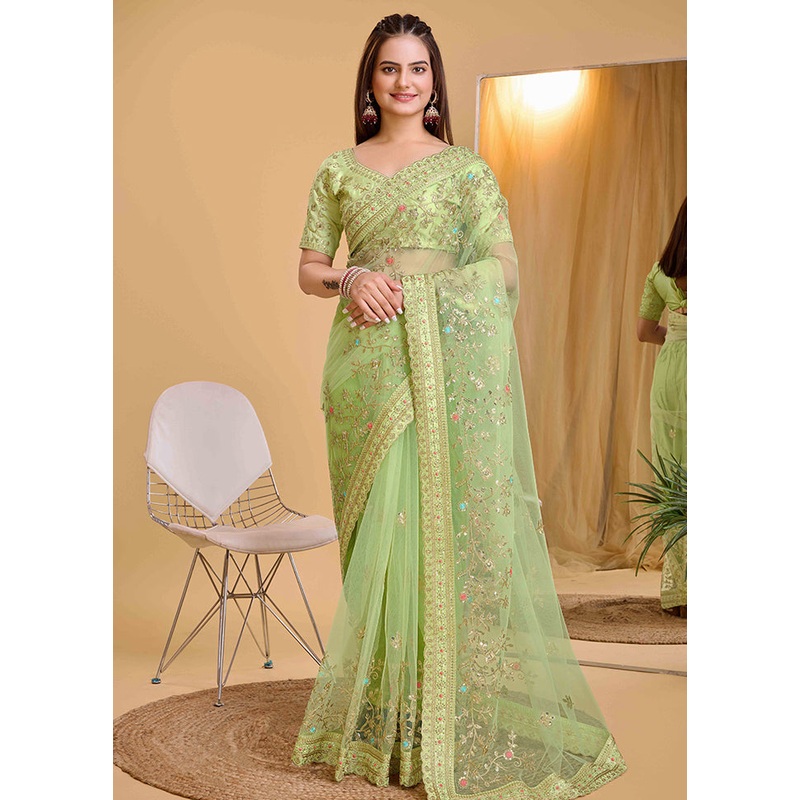 Pista Green Net Net Saree With Blouse Piece - JD986579791
