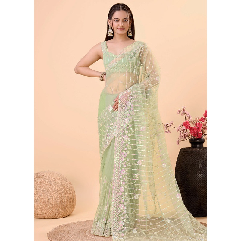 Pista Green Net Net Saree With Blouse Piece - JD986579792