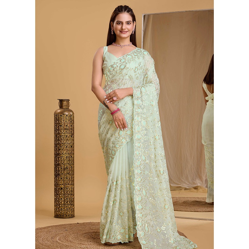 Pista Green Organza Saree With Blouse Piece - JD986579788