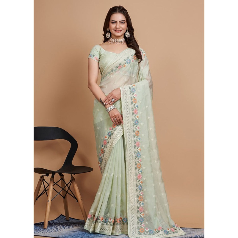 Pista Green Organza Saree With Blouse Piece - JD986579789
