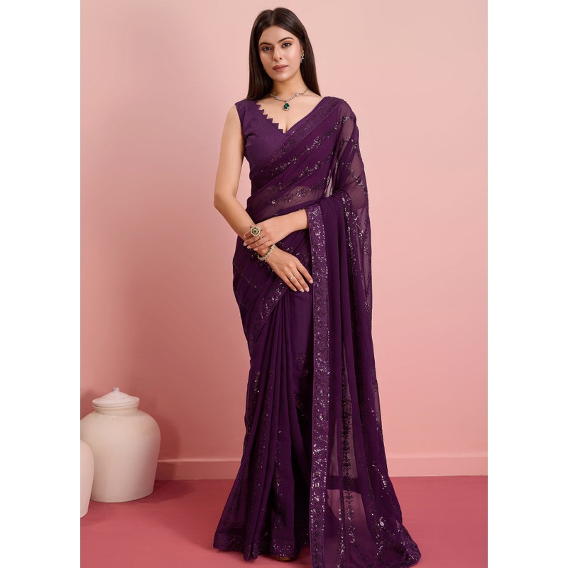 Purple Georgette Saree With Blouse Piece - JD986579894