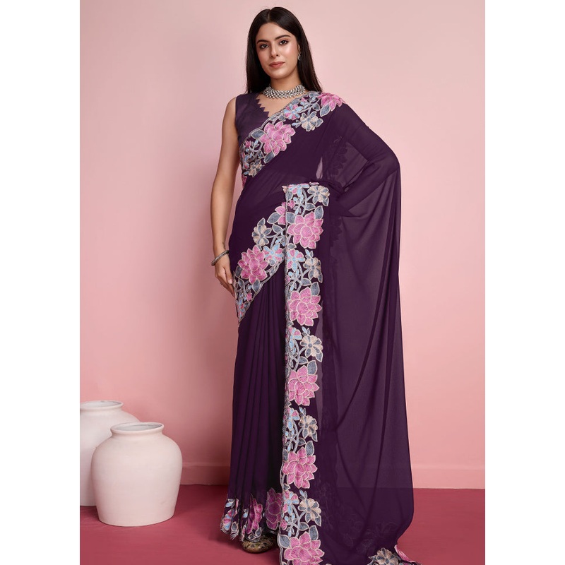 Purple Georgette Saree With Blouse Piece - JD986579895