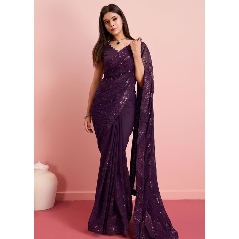 Purple Georgette Saree With Blouse Piece - JD986579896