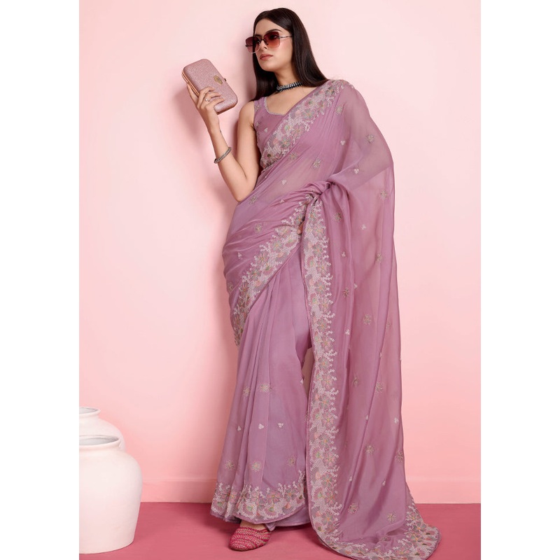 Purple Organza Saree With Blouse Piece - JD986579890
