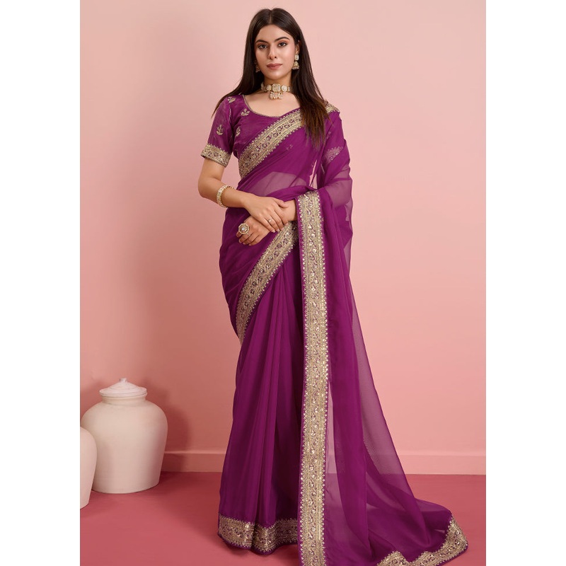 Purple Organza Saree With Blouse Piece - JD986579891