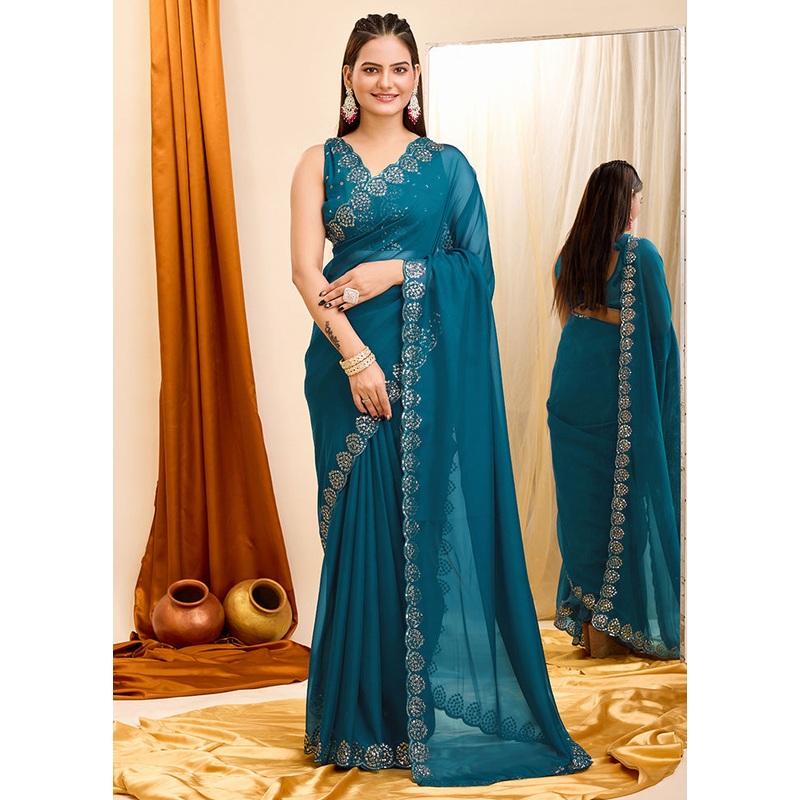 Rama Organza Saree With Blouse Piece - JD986579784