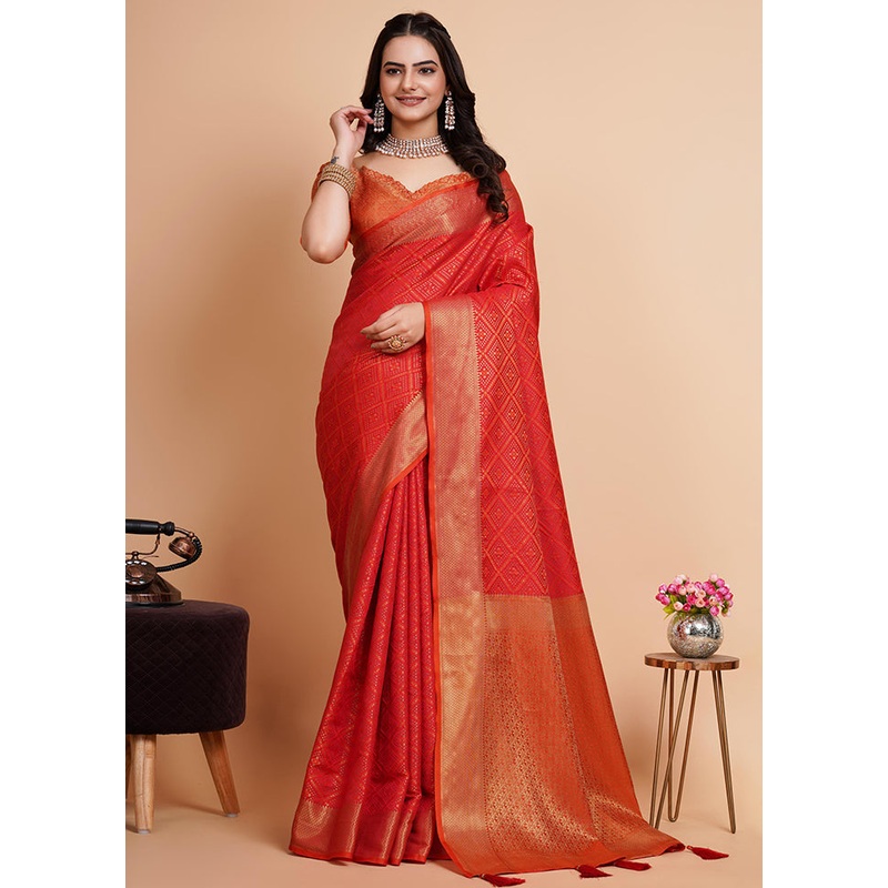 Red Dupion Silk Saree With Blouse Piece - JD986579778