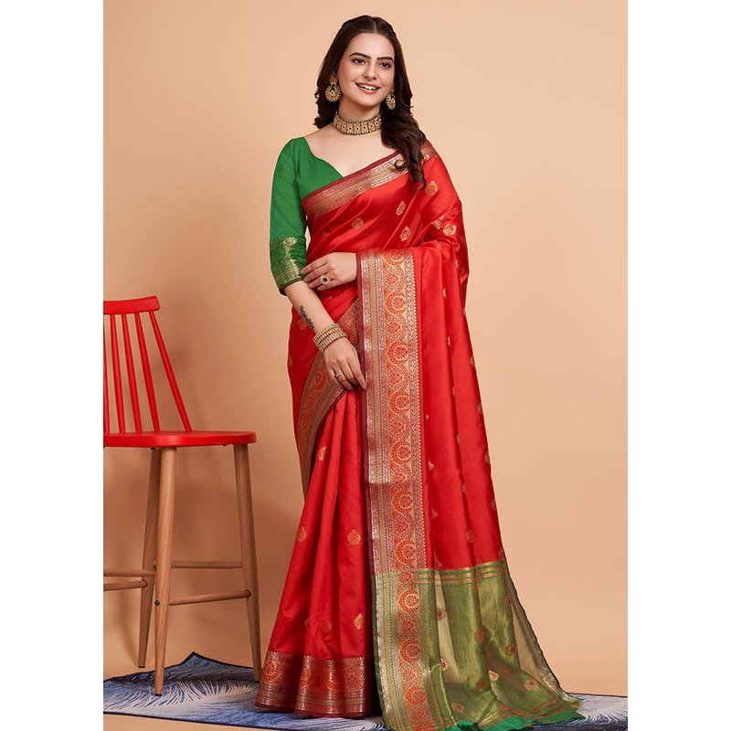 Red Dupion Silk Saree With Blouse Piece - JD986579779