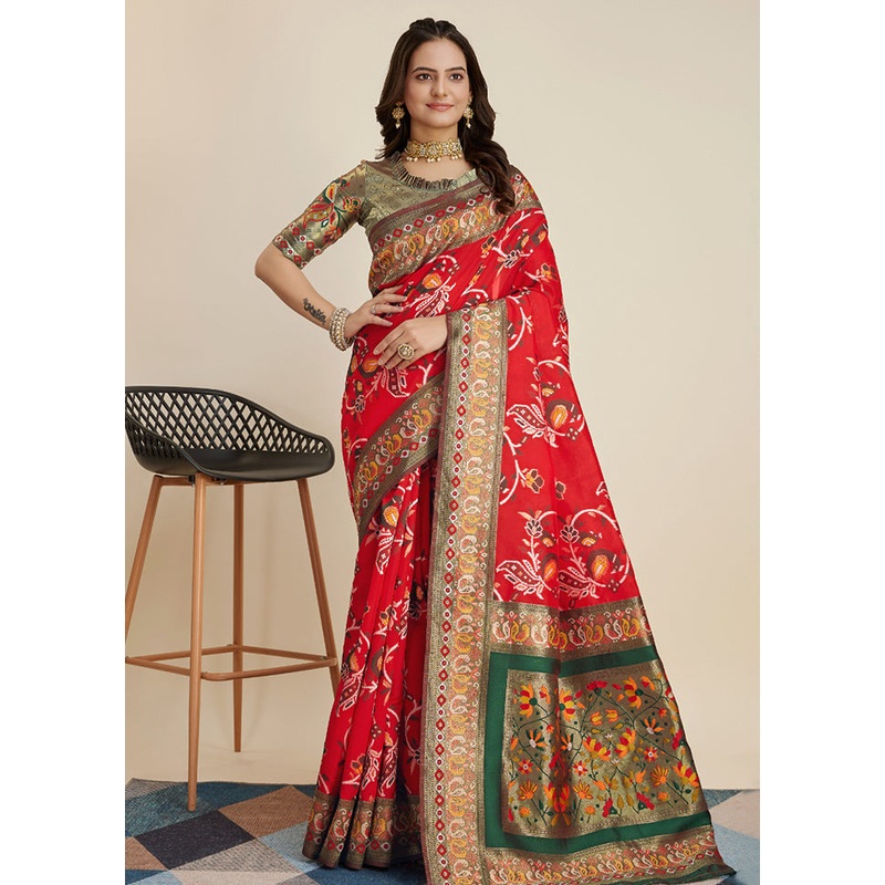 Red Dupion Silk Saree With Blouse Piece - JD986579780