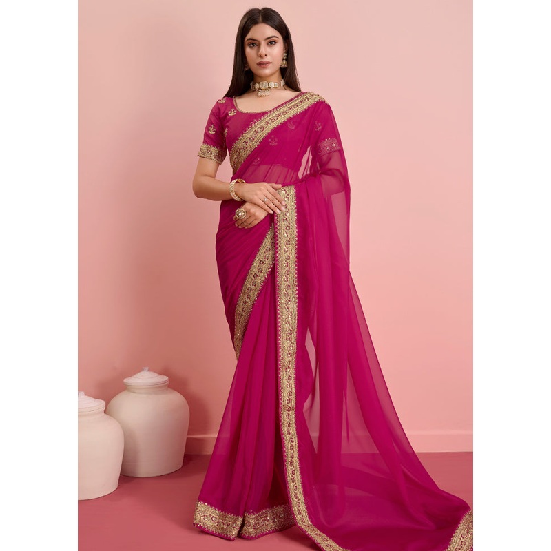 Red Organza Saree With Blouse Piece - JD986579885