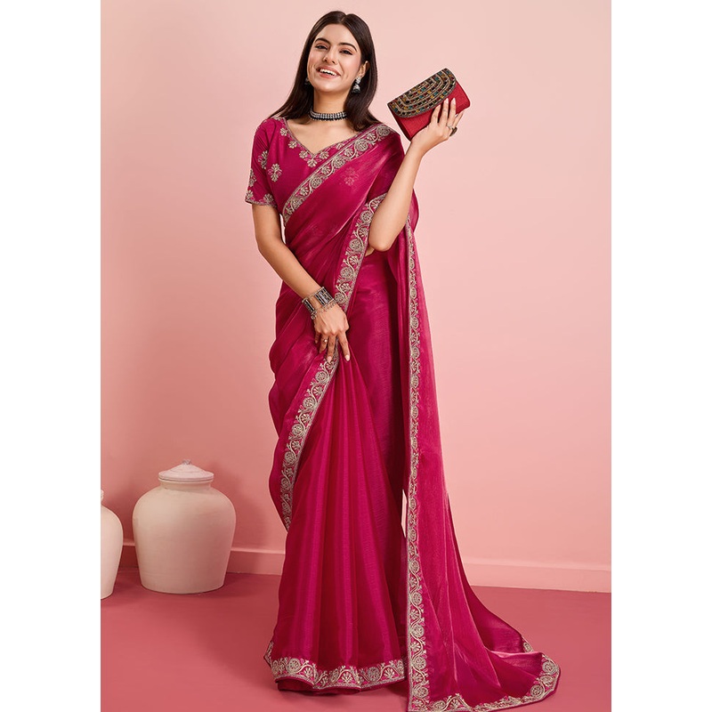 Red Organza Saree With Blouse Piece - JD986579886