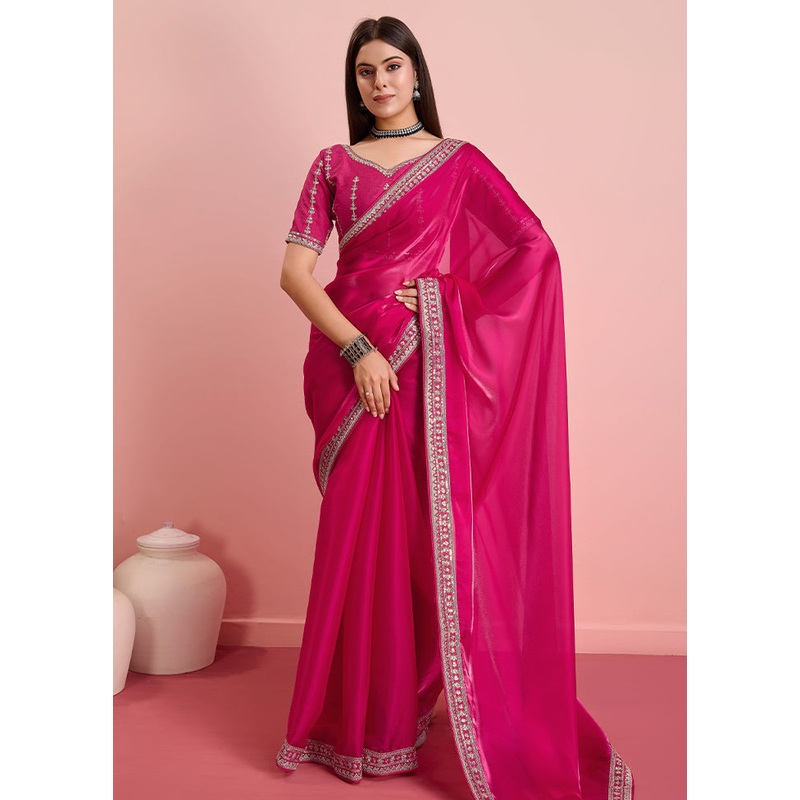 Red Organza Saree With Blouse Piece - JD986579887