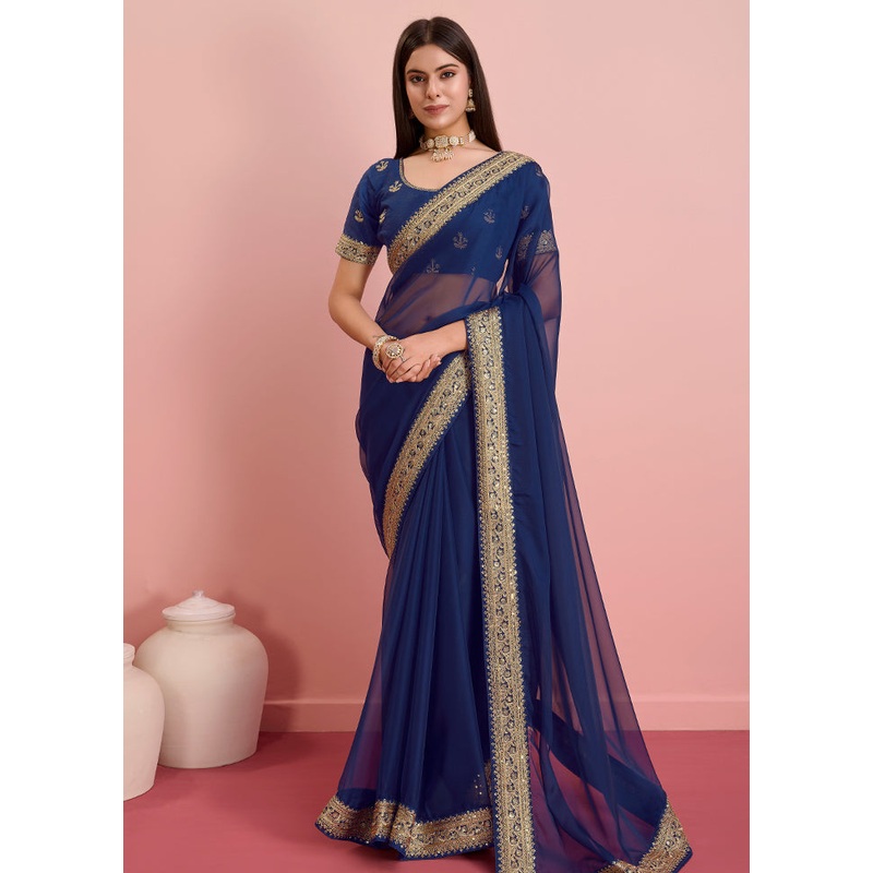 Royal Blue Organza Saree With Blouse Piece - JD986579884