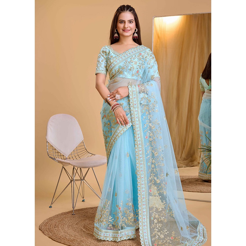 Sky Blue Net Net Saree With Blouse Piece - JD986579774