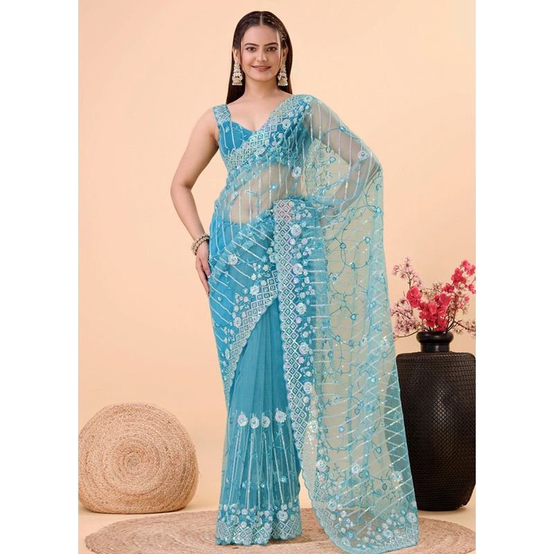 Sky Blue Net Net Saree With Blouse Piece - JD986579775