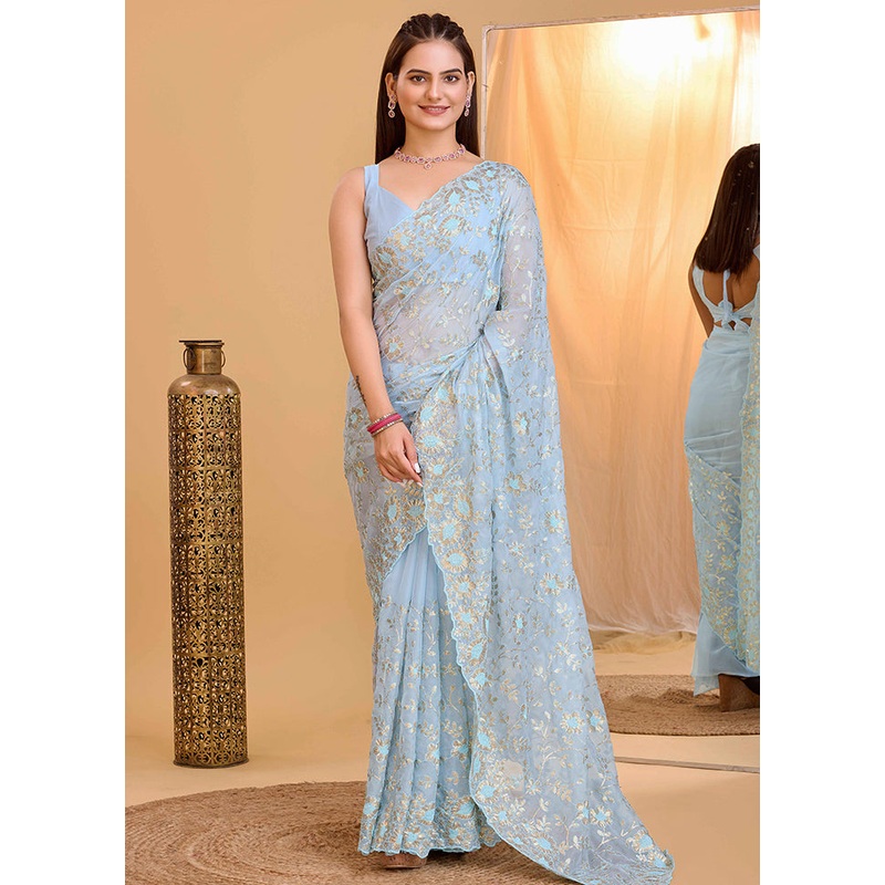 Sky Blue Organza Saree With Blouse Piece - JD986579772