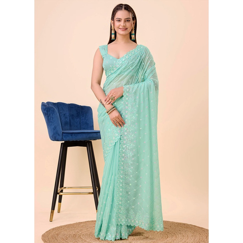 Sky Blue Organza Saree With Blouse Piece - JD986579773
