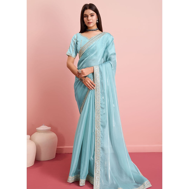 Sky Blue Organza Saree With Blouse Piece - JD986579882
