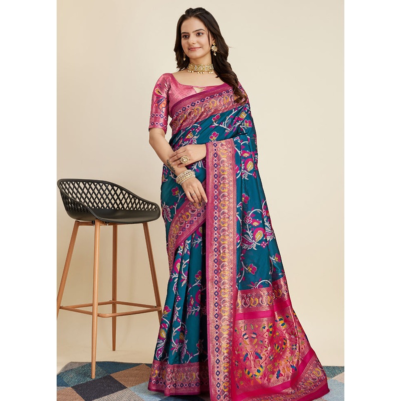 Teal Dupion Silk Saree With Blouse Piece - JD986579769