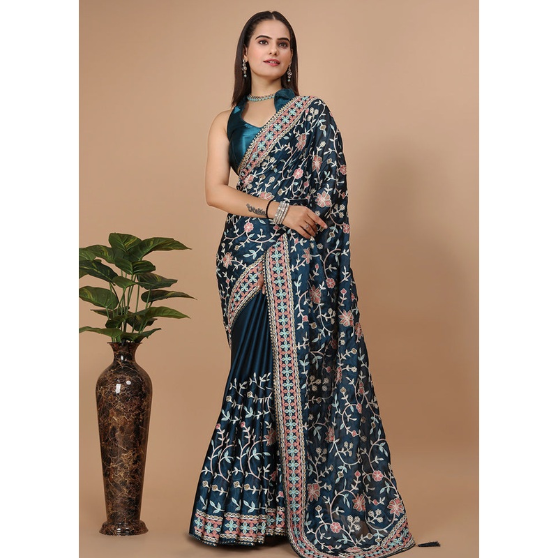 Teal Dupion Silk Saree With Blouse Piece - JD986579770