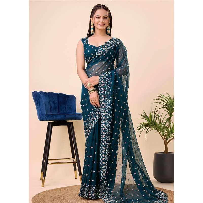 Teal Organza Saree With Blouse Piece - JD986579767