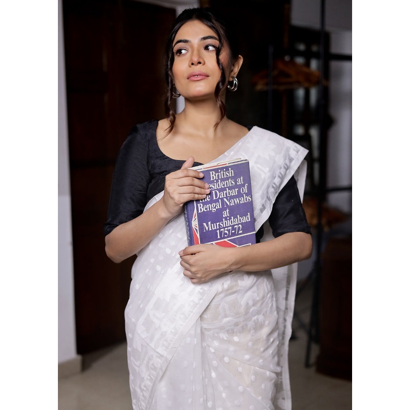 White Tant Jamdani Saree Without Blouse Piece - JD986579878