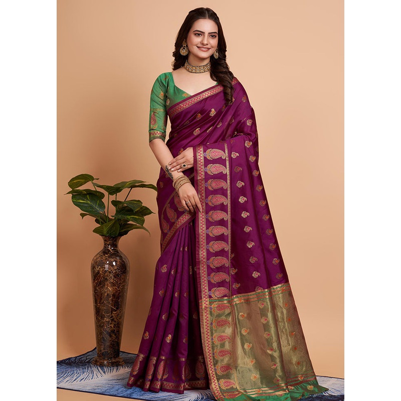 Wine Dupion Silk Saree With Blouse Piece - JD986579765